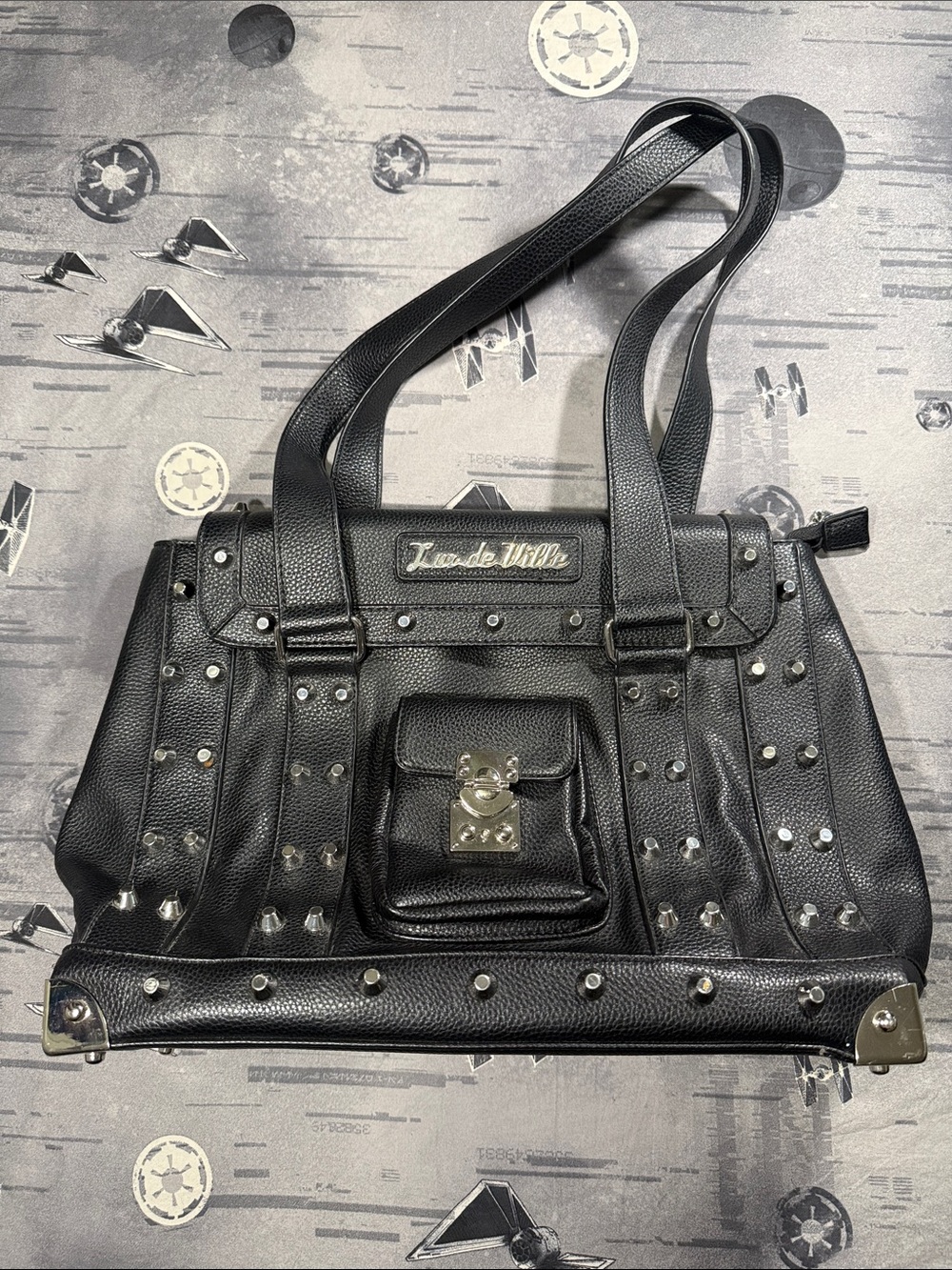 LUX DE VILLE BLACK MATTE STUDDED WEEKENDER SHOULDER TOTE BAG